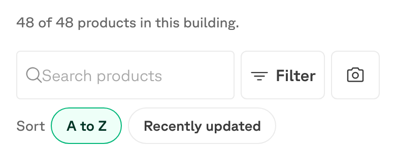 The Assets header with a product count, a search box, and Filter and Sort controls.