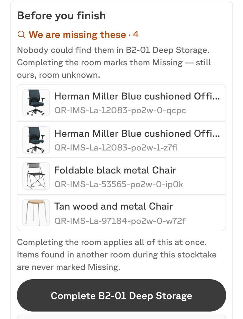 The review panel, listing the items nobody could find in this room and a Complete button.