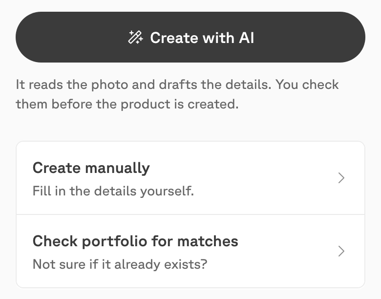 Three options after adding a photo: Create with AI, Create manually, and Check portfolio for matches.