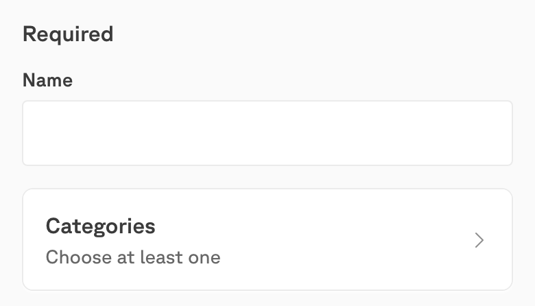The Required section of the new product form: a Name field and a Categories row.