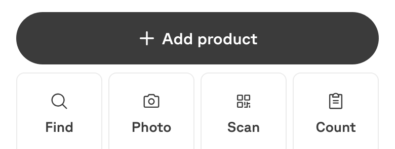 Home's headline figure above a row of actions: Add product, Find, Photo, Scan and Count.