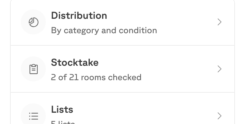 Three cards: Distribution, Stocktake and Lists.