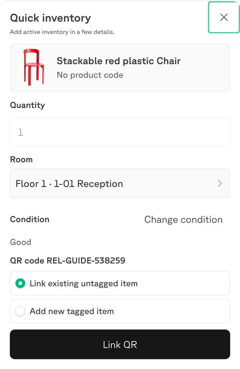 The inventory sheet after a QR code has been read, offering Link existing untagged item or Add new tagged item.