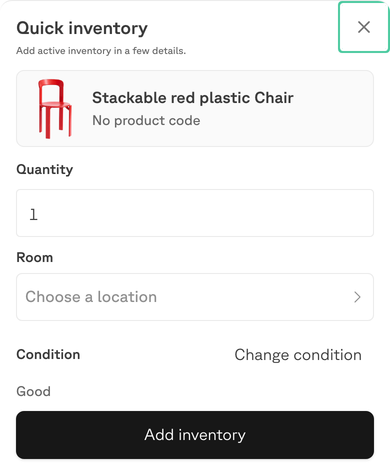 The Quick inventory sheet with Quantity, Room and Condition fields and an Add inventory button.