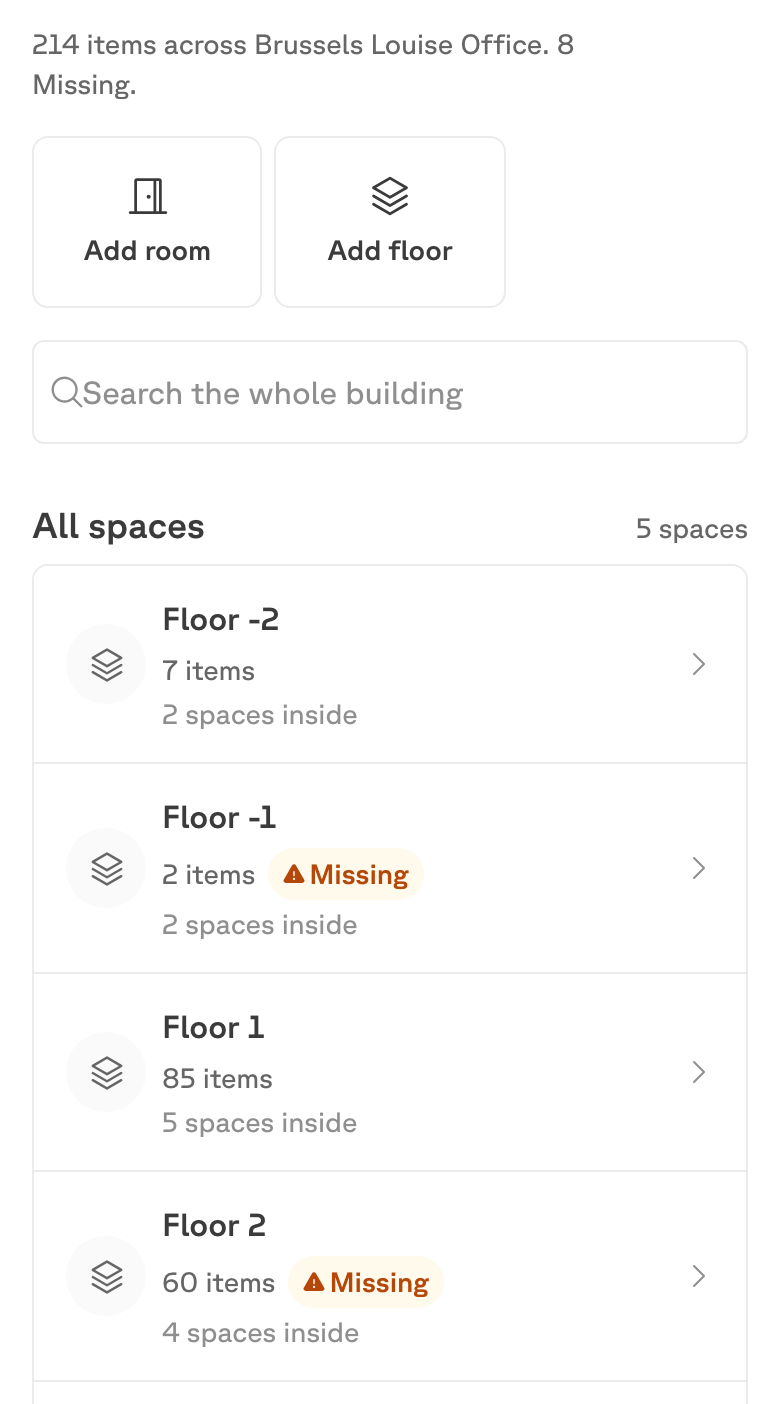The Rooms screen listing each floor with its item count and how many spaces are inside it.