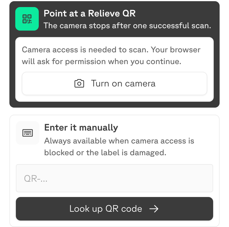 Het Scan-scherm met de optie de camera aan te zetten, en daaronder een veld om handmatig in te voeren.