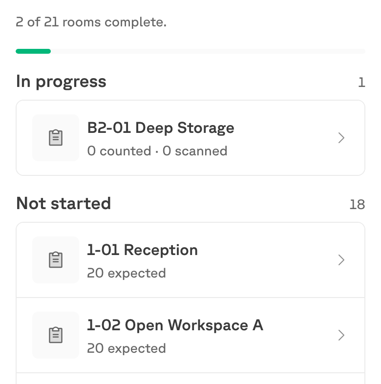 A stocktake in progress, listing each room with how many items are expected in it.