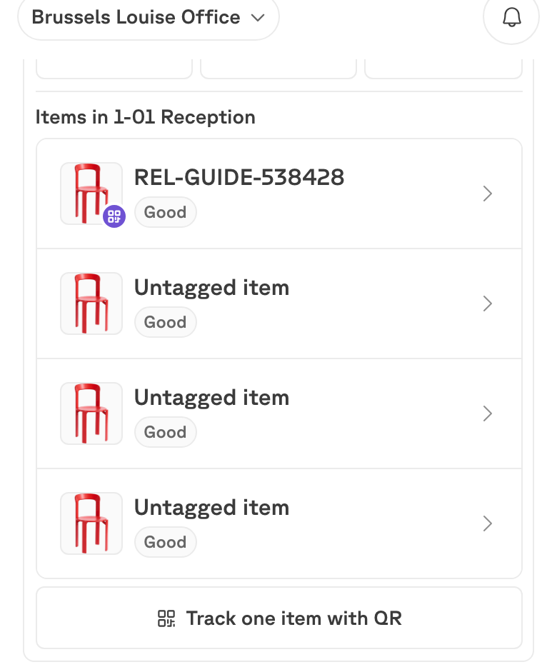 Een geopende ruimteregel met de knoppen Move, Condition en Remove, en daaronder een link Track one item with QR.